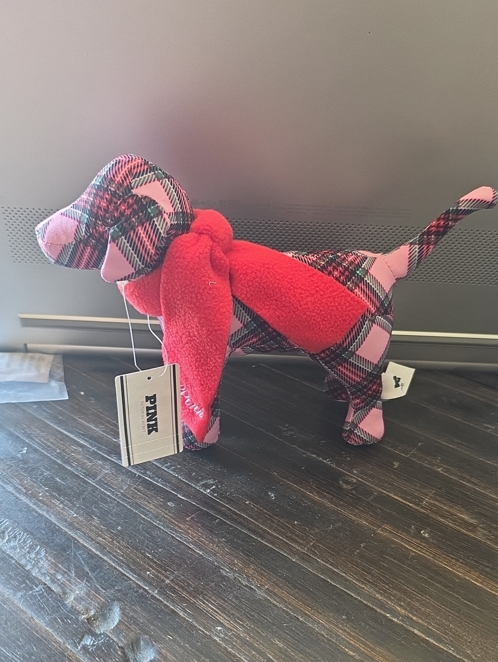 PINK Plaid Dachshund Plush Dog with Red Scarf